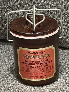 Vintage stoneware crock: Premium Sharp Cheddar Cheese Spread Madison, WI.